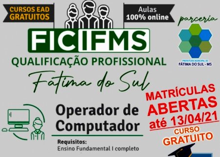 Matrículas abertas para curso de Operador de Computador em Fátima do Sul