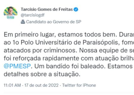 Atacados por criminosos, diz Tarcísio após tiroteio fora de sede inaugurada em SP