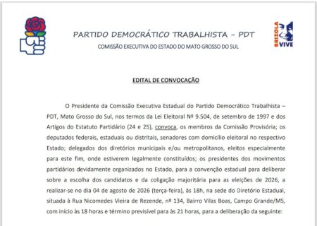 PDT de Mato Grosso do Sul convoca convenção estadual para definir candidatos às eleições de 2026