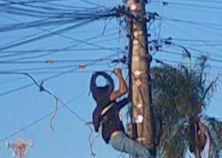 Homem escala poste para furtar fios &agrave; luz do dia